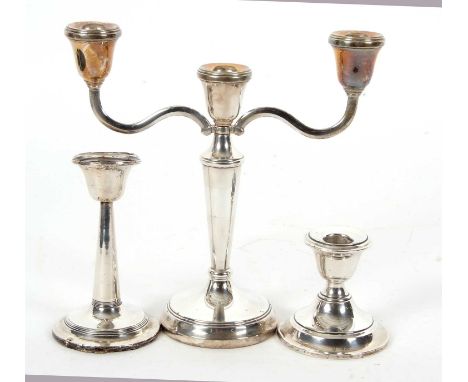 Mixed Lot:  An Elizabeth II silver twin branch three light candelabra (loaded), hallmarked for Birmingham 1992, makers mark f