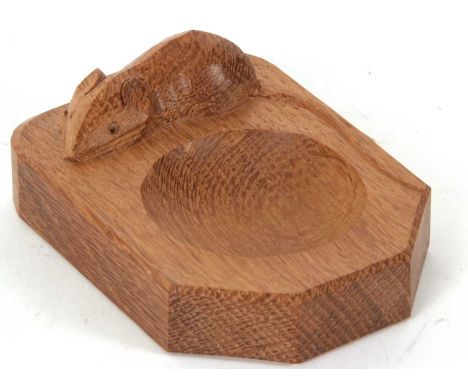 A vintage Robert Thompson mouseman hand carved oak pin dish, 10 x 7.5cm