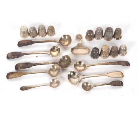 Mixed Lot: Twelve silver thimbles of various dates and makers marks, a George V silver caddy spoon, Sheffield 1928, makers ma