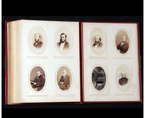 A Victorian carte de visite album containing 65+ carte de visites and approx 5 cabinet photographs several of notable Victori