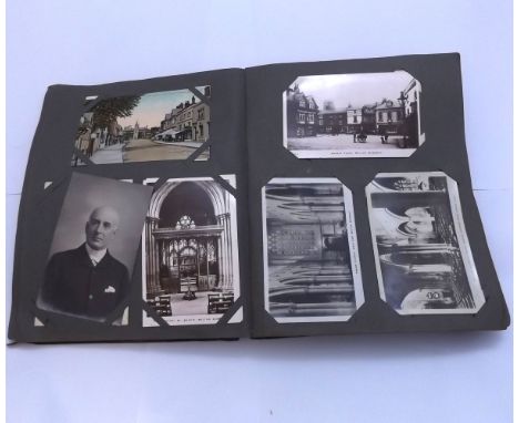 Postcard album containing 180+ assorted cards, mainly UK topo including Farnborough including Air Ship and Farnborough Royal 