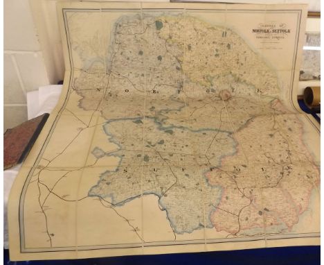 JARROLD & SONS (PUB): COUNTIES OF NORFOLK AND SUFFOLK BASED ON THE ORDNANCE SURVEYS, hand col'd engrd map circa 1860, fdg bkd