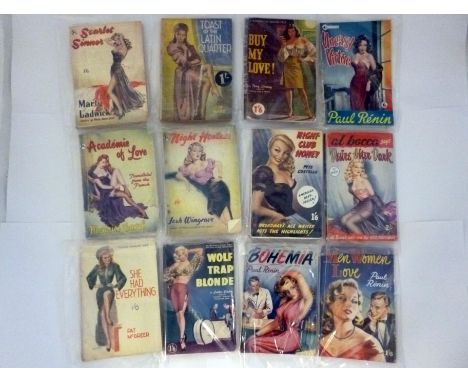 One box: 25+ vintage 1950s pulp fiction including PAUL RENIN (10), MAX CLINTEN (2), RAMON LACROIX (2), NAT KARTA, BRETT VANE 