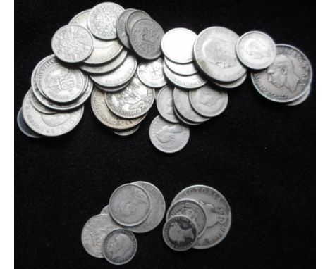 United Kingdom. Collection of silver coins. Pre-1920 and Pre 1947.  Also tin of mixed coins Condition Report. Pre-1920 - 29.8