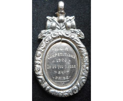 Railwayana. Silver fob medallion. Inscribed N.U.R. Competitions 1920. Go as you please. 2nd Prize. 40mm x 23mm