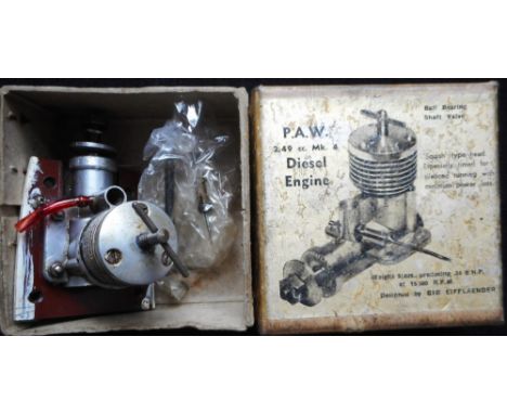 Model aircraft diesel engine. P.A.W. 2.49cc Mk. 4 engine, in box. Not known if working.