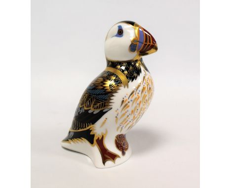 Royal Crown Derby paperweight in the form of a Puffin, silver stopper, 12cm high.