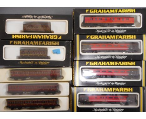 Graham Farish N gauge. 9 various coaches, mostly boxed.
