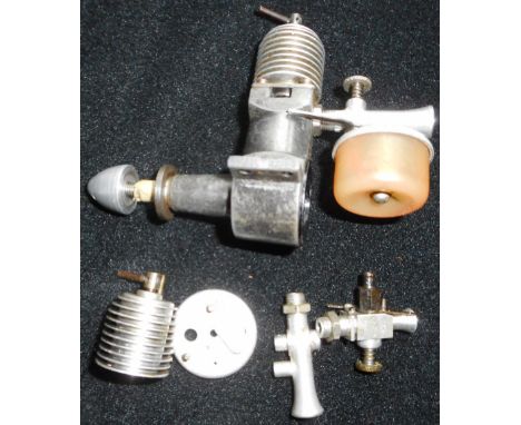 Model aircraft diesel engine. Unknown, possibly 2.5cc. With spare cylinder &amp; feed units. Not known if working.