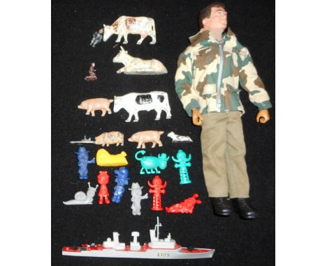 Mixed bag of lead farmyard figures, Matchbox Seaking Sub chaser, Action Man and plastic 'Magic Roundabout' figures