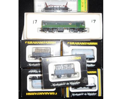 Graham Farish. N gauge. Class 25 diesel loco. D7645, green B.R. With 5 varios rolling stock. All boxed. Also Minitrix wagon, 