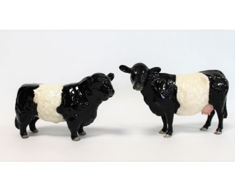 Two Beswick figures: Galloway Bull - Belted, no. 1746B, 11.9cm high and Belted Galloway Cow, no. 4113A, 13.3cm high. Both glo