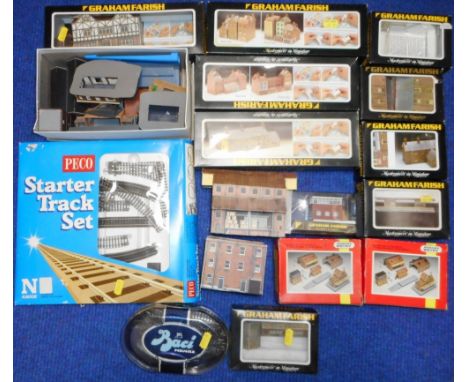 Graham Farish N gauge. Large collection of various trackside buildings etc. Also some Hornby Minitrix.