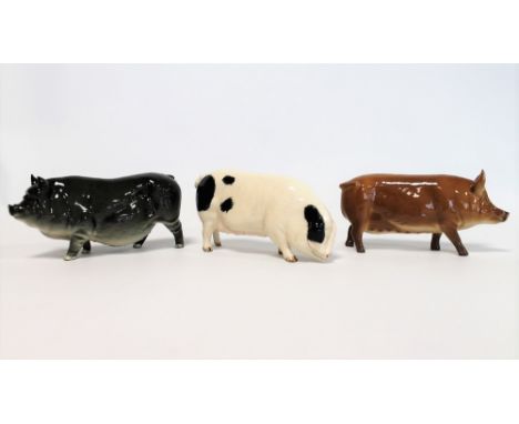 Three Beswick figures: Tamworth Sow, no. 4114, 7.5cm high; Gloucestershire Old Spot, no. 4116, 7.5cm high and Vietnamese Pot-