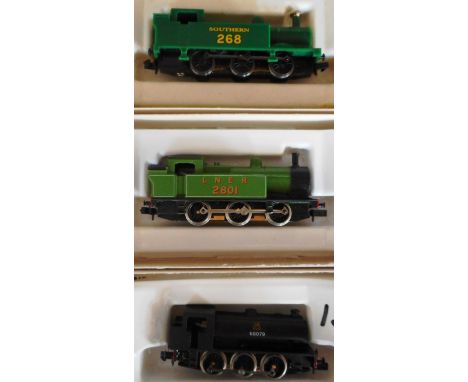 Graham Farish. N gauge. 0-6-0T loco. 268, green, S.R. 0-6-0T loco. 2801, green, L.N.E.R. 0-6-0T loco. 68079, black, B.R. All 