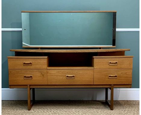 MID CENTURY TEAK DRESSING TABLE, wide mirror above floating shelf, drawers below, quadrille style legs, 120 (h) x 145 (w) x 4