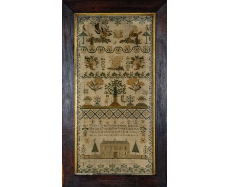 EARLY VICTORIAN NEEDLEWORK SAMPLER, by Susannah Terrington aged 10, dated 1842, decorated with Georgian house, garden wall an