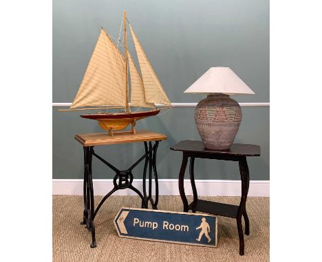 ASSORTED FURNITURE & ORNAMENTS, including model Bristol Channel pilot cutter 94 (h) x 93 (w); cast iron sewing table with 'B'