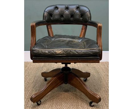 CAPTAIN'S LEATHER SWIVEL DESK CHAIR, mahogany frame, green button back and fitted loose cushion upholstery, height adjustable