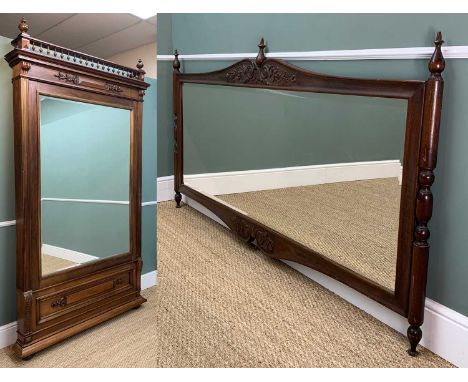 TWO MAHOGANY WALL MIRRORS, one with spindle turned 'gallery' top, 240 x 140cms, the other with turned uprights, foliate and s