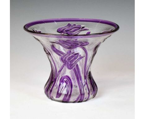 Webb Cameo carved vase, Thomas Webb & Sons Cameo Fleur vase, circa 1930, clear glass overlaid in amethyst with acid-etched tu