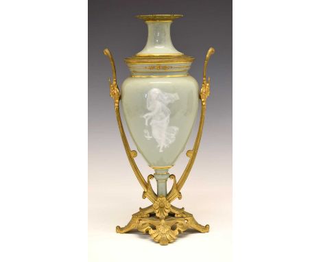 Late 19th century French pâte-sur-pâte and ormolu lamp base, the celadon ground decorated with a classical maiden and arabesq