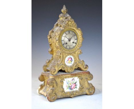 Mid 19th century French gilt papier mache and porcelain mantel clock, silvered 3.5-inch Roman dial with moon hands, two-train