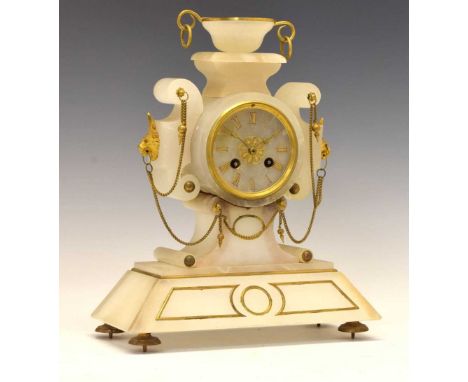 Late 19th Century French alabaster mantel clock, Japy &amp; Cie, 3.25-inch Roman dial, two-train movement outside countwheel-