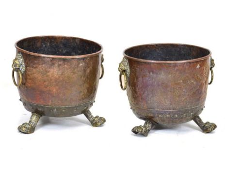 Pair late 19th or early 20th Century copper planters or log bins, the riveted bodies of beaten copper with rolled rims, each 