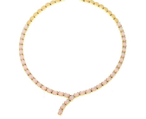 Opal necklace, stamped '585', the frontispiece of forty oval cabochons to a back piece of plain oval links, approx 42.5cm lon