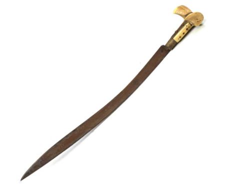 19th Century Turkish / Ottoman sword curved 60cm blade, decorated with a panel on one side, characteristic Walrus ivory eared