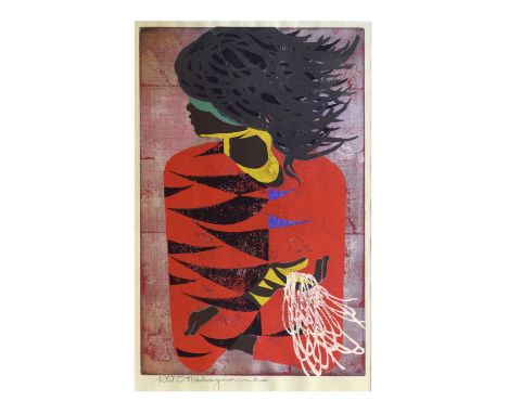 Tadashi Nakayama (Japanese 1927-2014) - Coloured woodblock print - ‘Red Coat’, signed in pencil and dated 1957, 64.5cm x 40cm