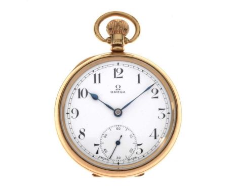 Omega - 9ct gold open faced pocket watch, the signed white enamel dial with black Arabic numerals, subsidiary sunken seconds 