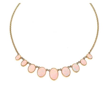 Opal necklace, the nine graduated oval shallow cabochons to an unmarked round belcher link back chain, 44.5cm long, 14g gross