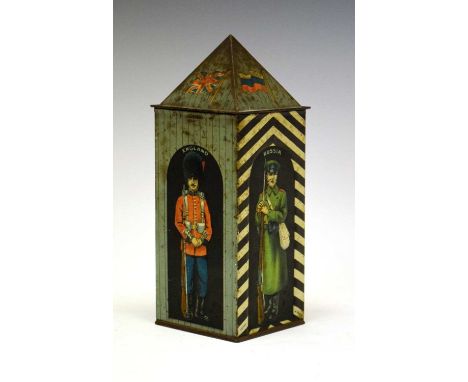 Huntley &amp; Palmers World War One sentry box biscuit tin, decorated with infantrymen of the four Allies, 17.5cm highConditi