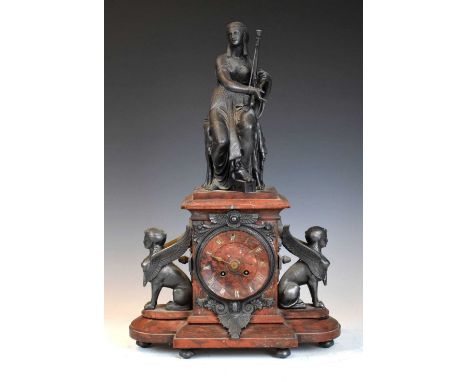 19th Century French Egyptian Revival rouge marble and spelter mantel clock, Samuel Marti &amp; Cie, 4.25-inch Roman dial, two