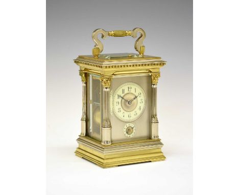 Late 19th or early 20th Century brass repeater carriage clock, cream Arabic dial and subsidiary within silvered surround, two