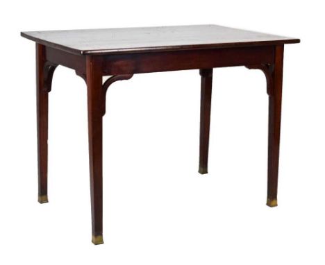 Early 20th Century stained hardwood table by Fischel, Austria, rectangular top on brass capped square tapered supports, Fisch