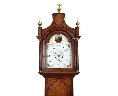 George III oak and mahogany-cased 8-day painted dial longcase clock, Joseph Denton, Hull, (fl. c. 1782-1814), 12-inch break-a