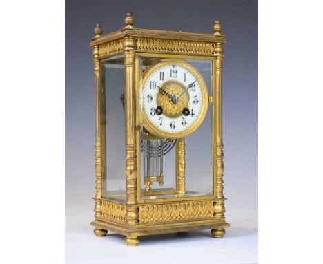 French four-glass mantel clock, circa 1900, anonymous, 3-inch Arabic dial, two-train movement striking on a blued steel coile