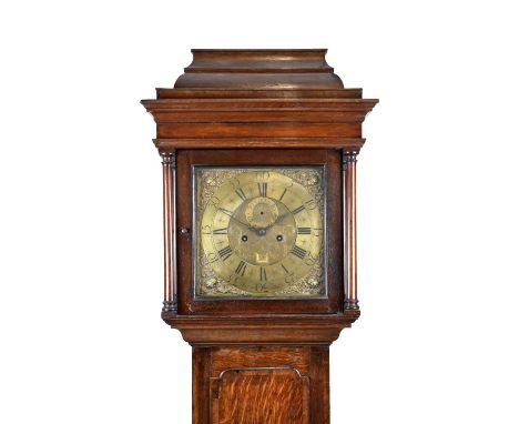 Early George III oak and walnut-cased 8-day brass dial longcase clock, 'Rider Fecit', 12-inch square dial with Roman hours an