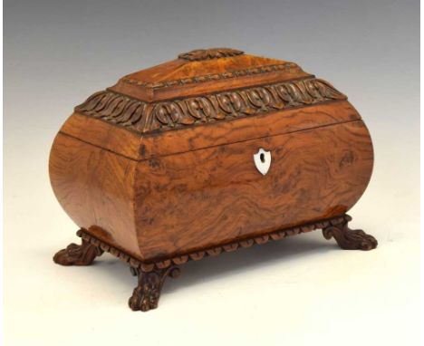 Early Victorian carved pollard (burr) oak tea caddy. of bombe form with hinged acanthus-carved cover enclosing two removable 