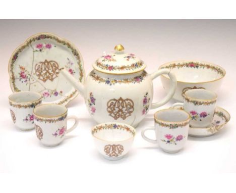 Late 18th Century Chinese Export Famille Rose porcelain part teaset, painted and gilded with floral sprays and monogram, comp