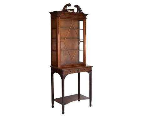 Edwards &amp; Roberts - Edwardian mahogany Chippendale Revival display cabinet on stand, with swan-neck pediment and lattice 