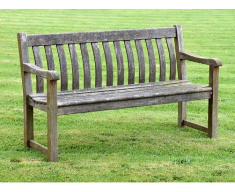 Alexander Rose teak garden bench, with shaped flat-topped slatted back and plain arms, 148cm wideCondition report: General we