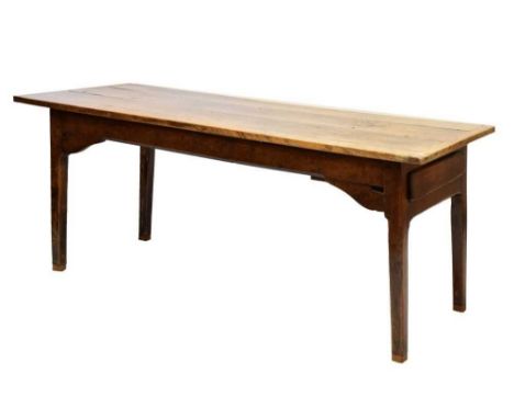 George III oak refectory table, the four-plank top on single short end frieze drawer, four quadrant brackets and tapering squ