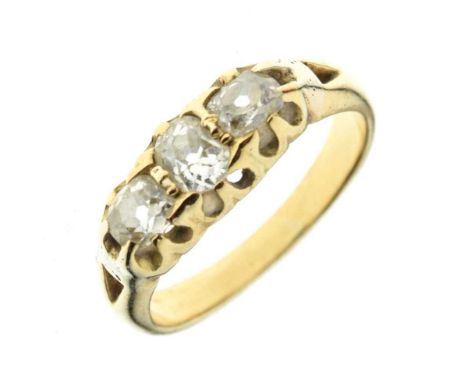 Three stone diamond ring, unmarked, the old mine cut stones totalling approx 0.7cts estimated, size N, 4g grossCondition repo