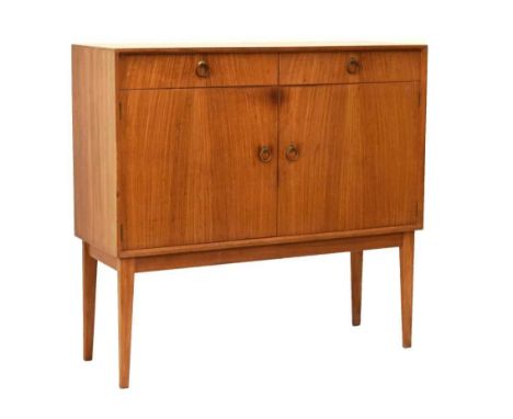 Gordon Russell of Broadway, teak two door side cabinet raised on angular supports, circa 1960, 122cm wide x 43cm deep x 114cm