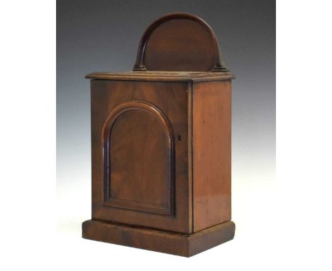 Victorian mahogany 'apprentice piece' or tradesman's advertising sample pedestal cabinet, with moulded arched pediment over c