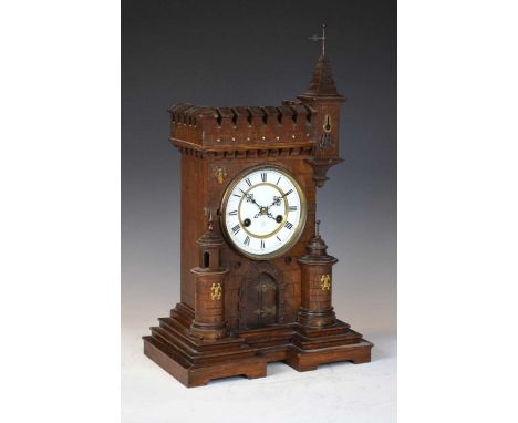 Junghans oak castle-form mantel or bracket clock, circa 1900, with 5-inch Roman dial having J and star motif, two-train sprin